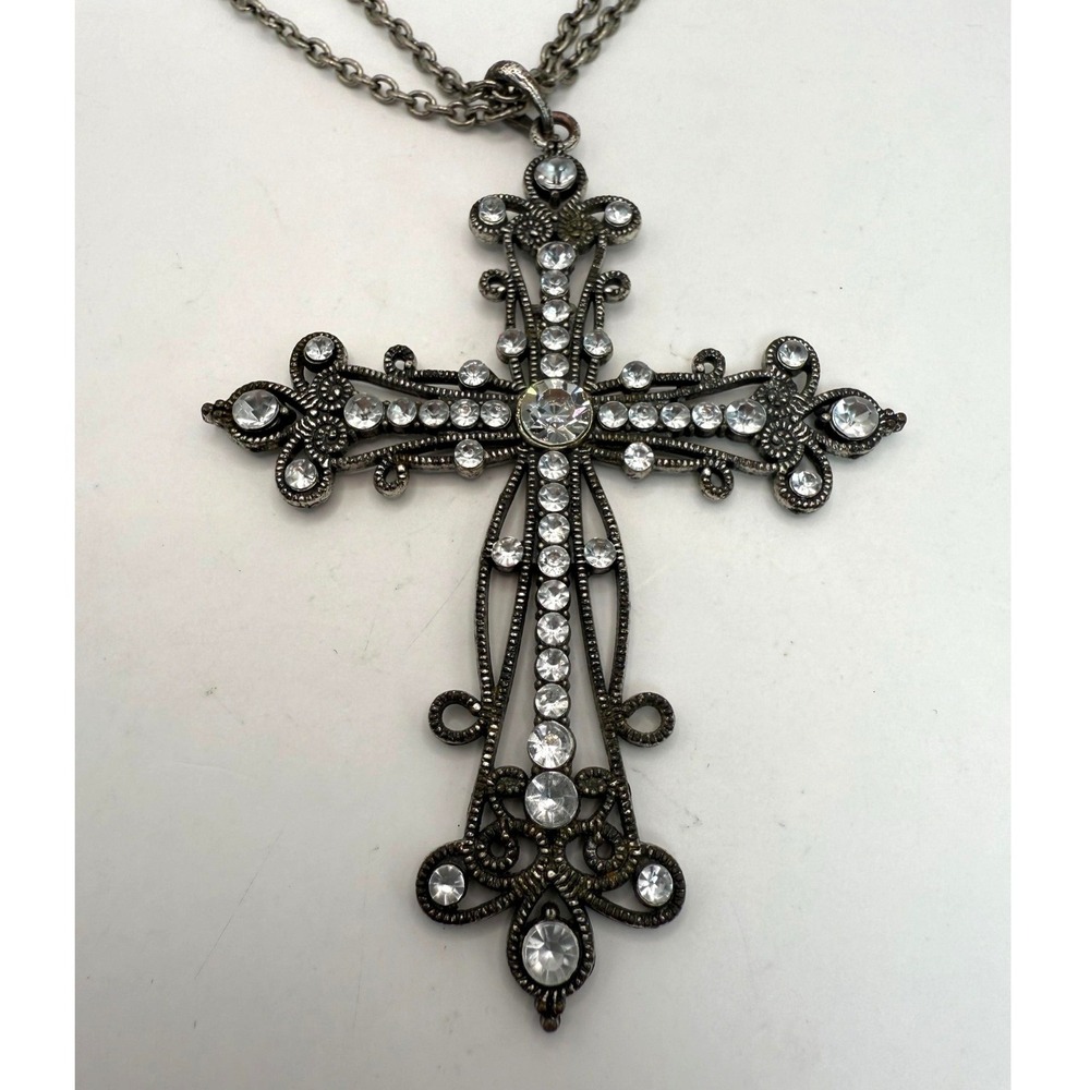 Vintage Rhinestone Cross Necklace Gunmetal Tone Large Gothic Filigree Statement